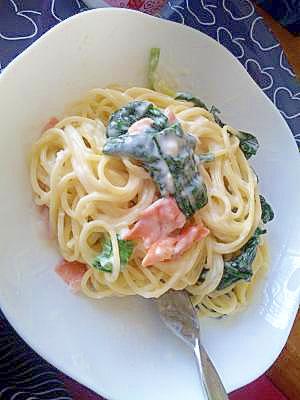 シチューの残りでほうれんそうと鮭のクリームパスタ レシピ 作り方 By Ohara117 楽天レシピ シチューの残りでほうれんそうと鮭のクリームパスタ レシピ 作り方 By Ohara117 楽天レシピ