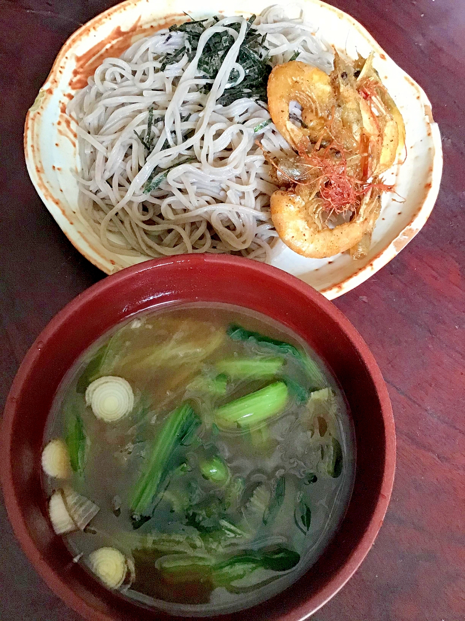 芝海老の天ぷらと小松菜入り蕎麦湯割りつけ汁の盛蕎麦