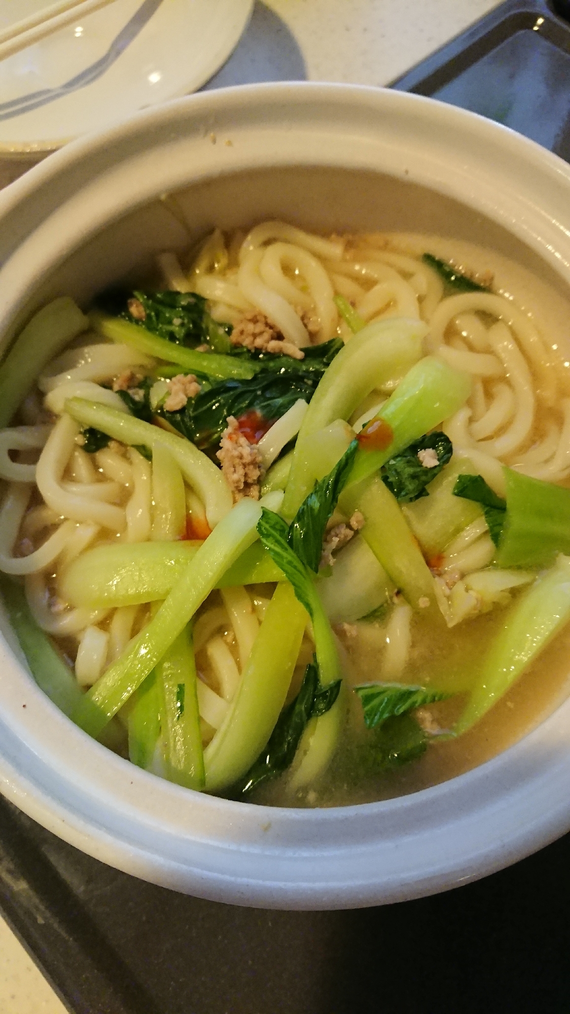 土鍋で！チンゲン菜とひき肉のあっさりうどん