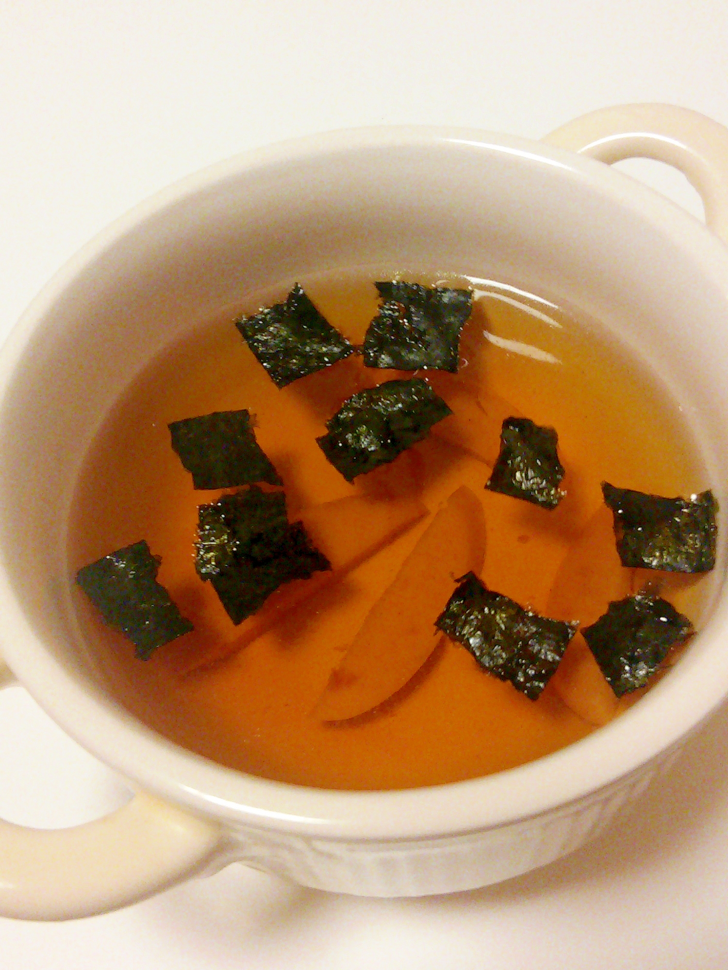 ずぼらレシピ★魚肉ソーセージと焼き海苔の和風スープ