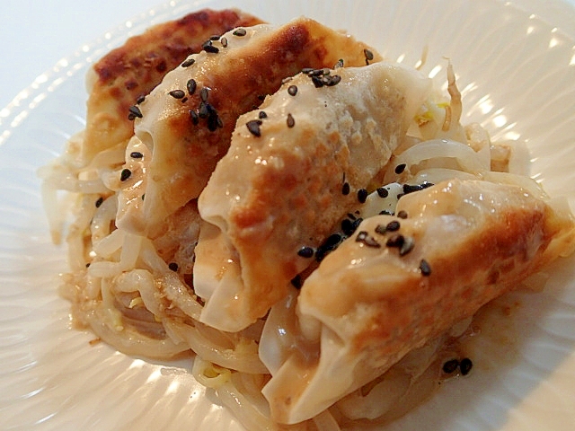 生姜香る茹でもやしと餃子の胡麻ドレかけ♬