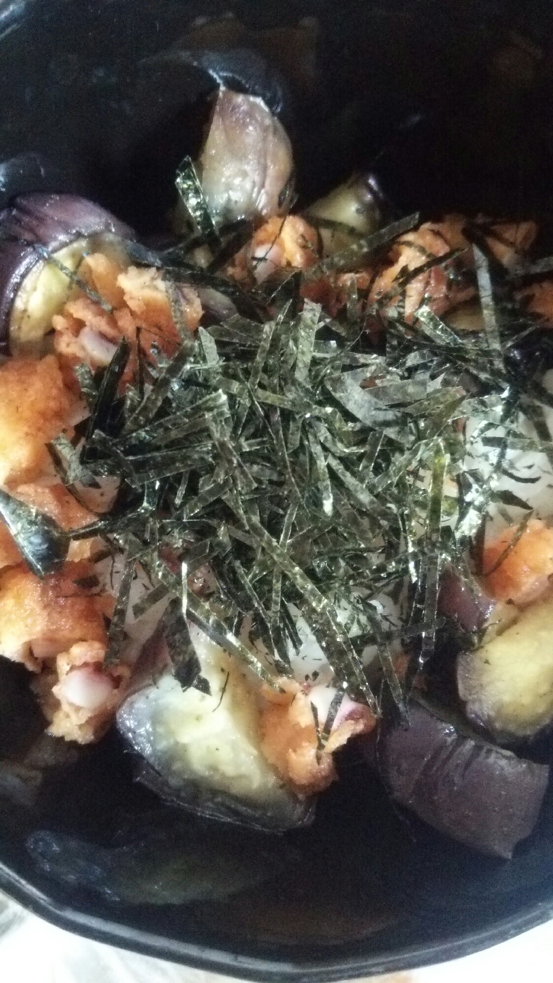 揚げ茄子といかげそ天の白だし丼