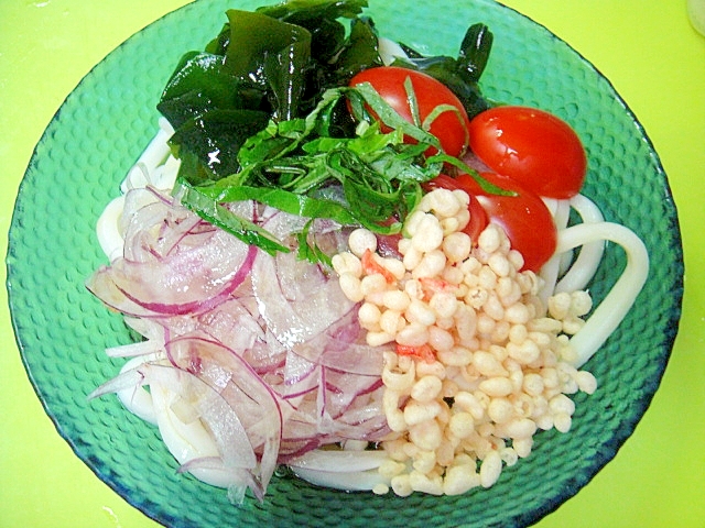 紫玉ねぎとわかめミニトマトの冷やしうどん