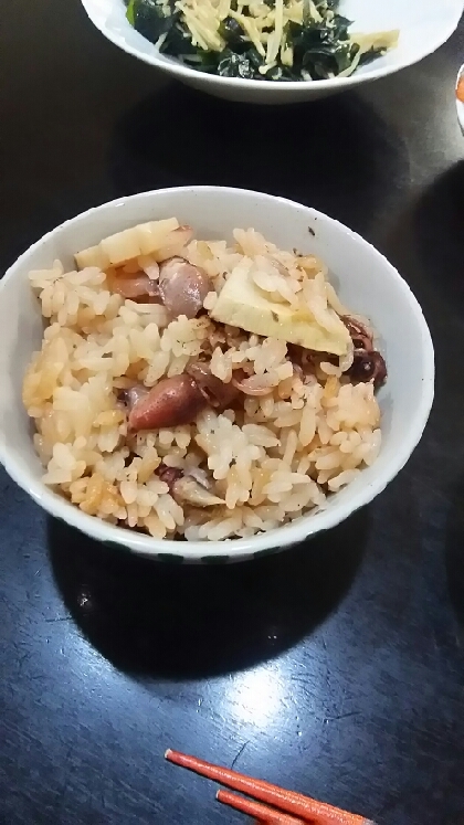 居酒屋風しめ飯、干し蛍烏賊の筍ご飯