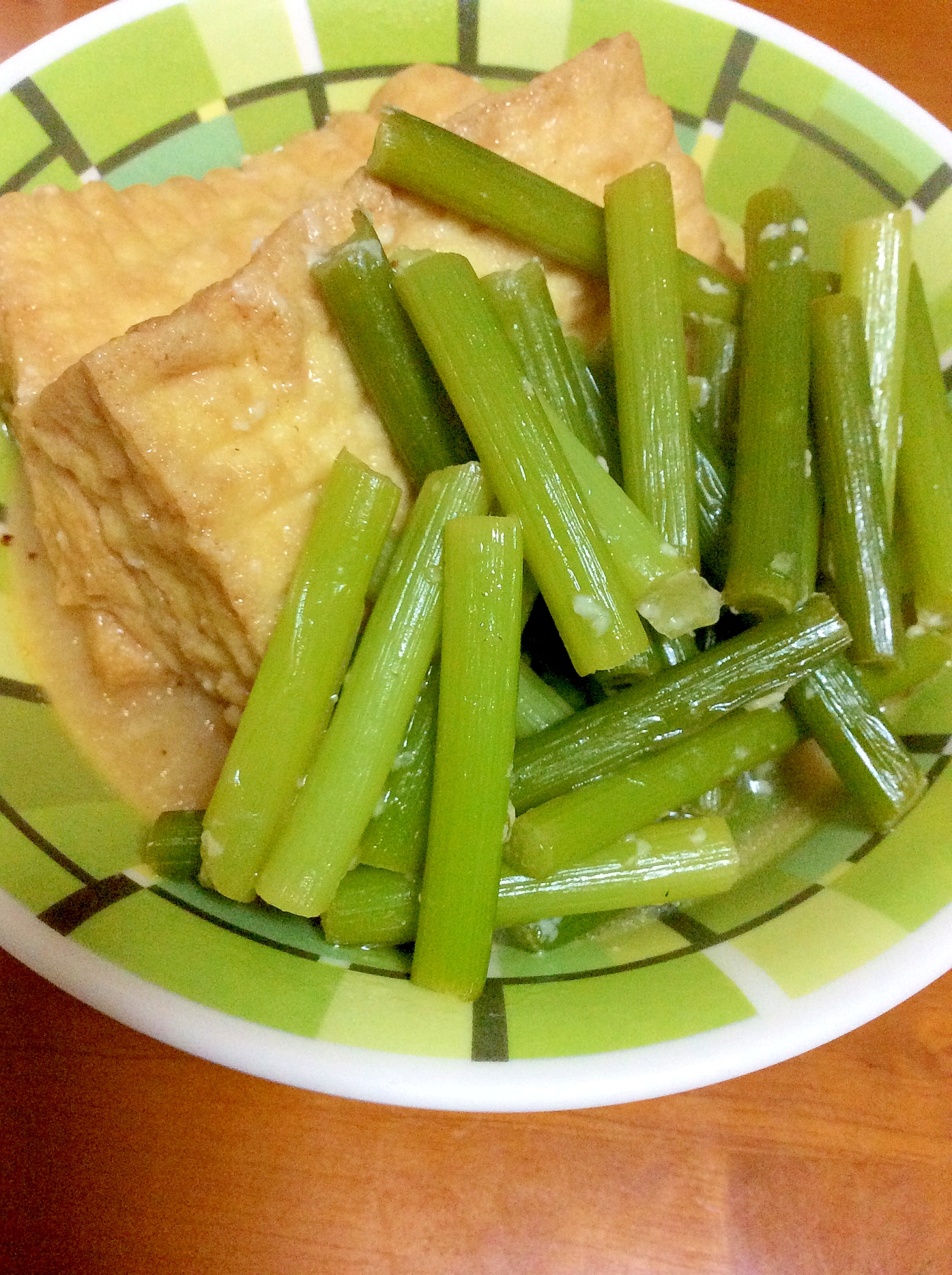 酒粕うどんつゆにんにくの芽厚揚げ煮