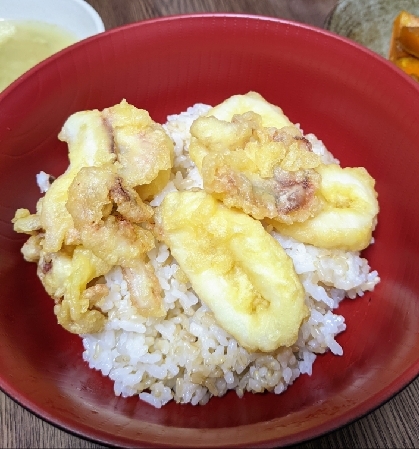 須佐みことイカの天ぷらでイカ天丼。
美味しい天丼のタレで最高の天丼になりました(*^^*)♪