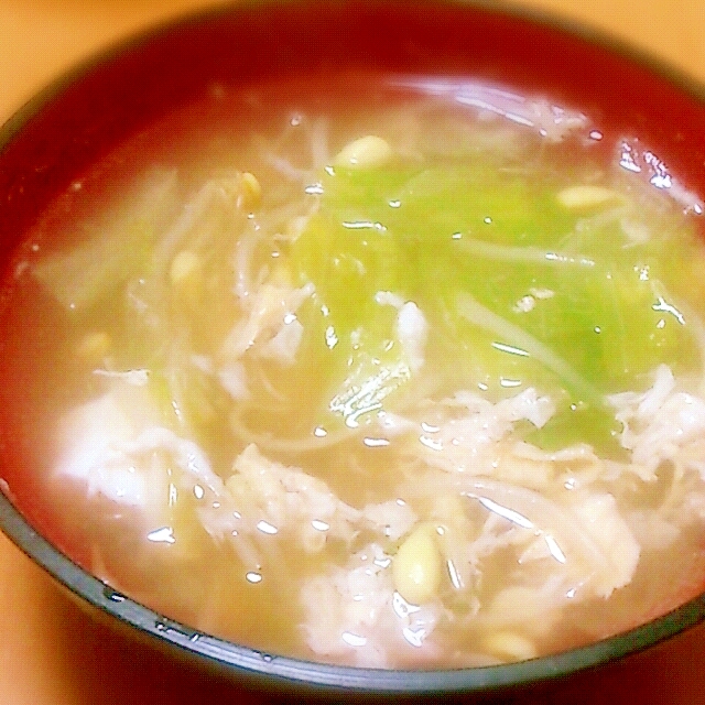 簡単に！豆もやしとレタスの中華風卵スープ