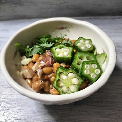 きょうはこちら♬アイスばかり食べてるので体にいい納豆と大葉で腸活しないと^^;オクラも茗荷も大好きです♡美味しい納豆アレンジレシピ感謝❦花火大会行かれますか？？