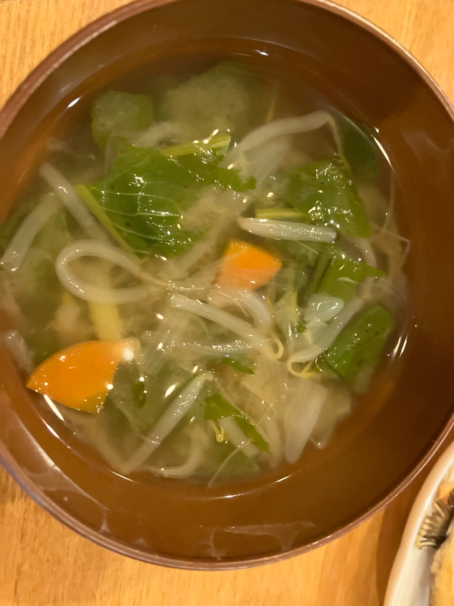 小松菜ともやしとにんじんと玉ねぎの味噌汁