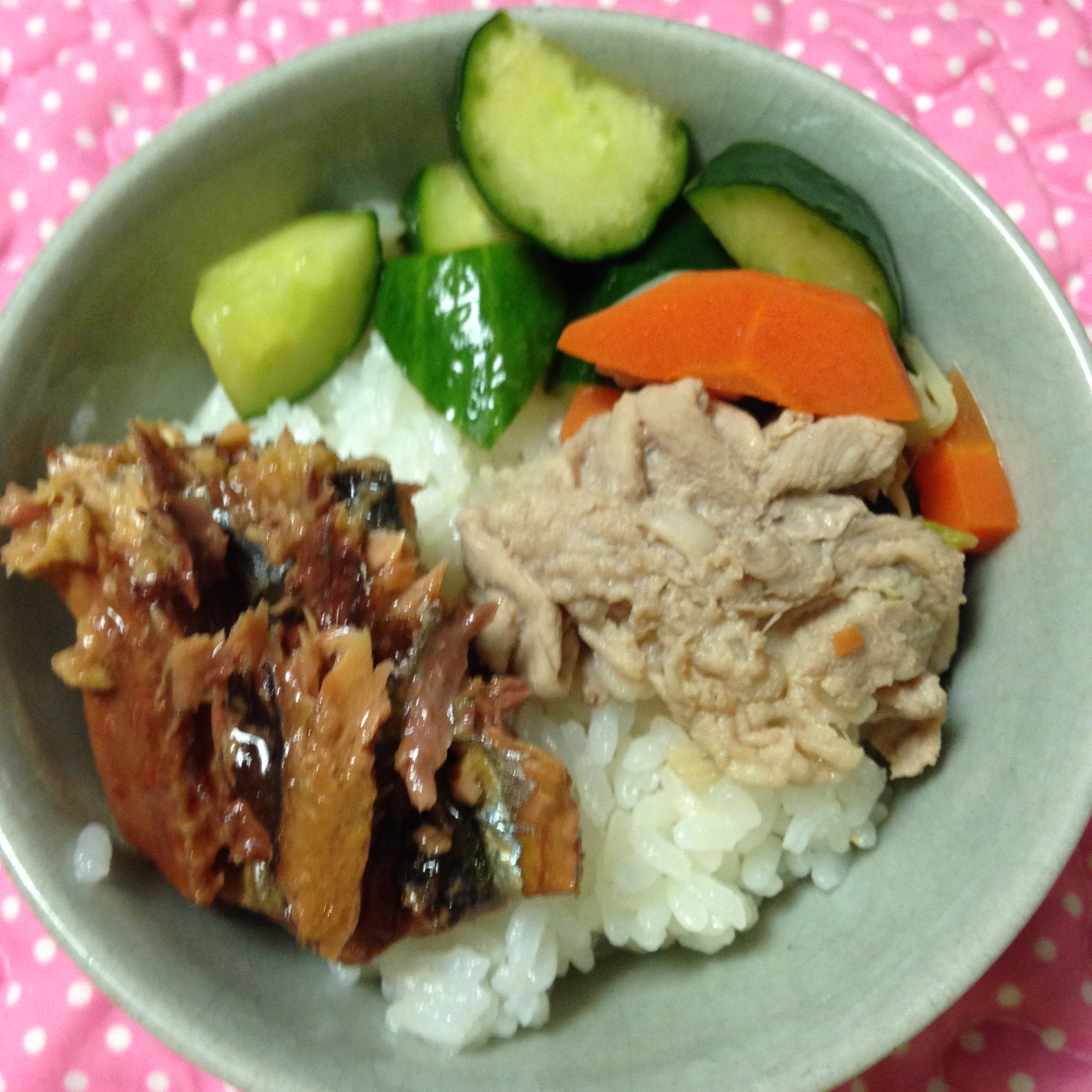 人参ときゅうりと焼き肉と蒲焼のどんぶり