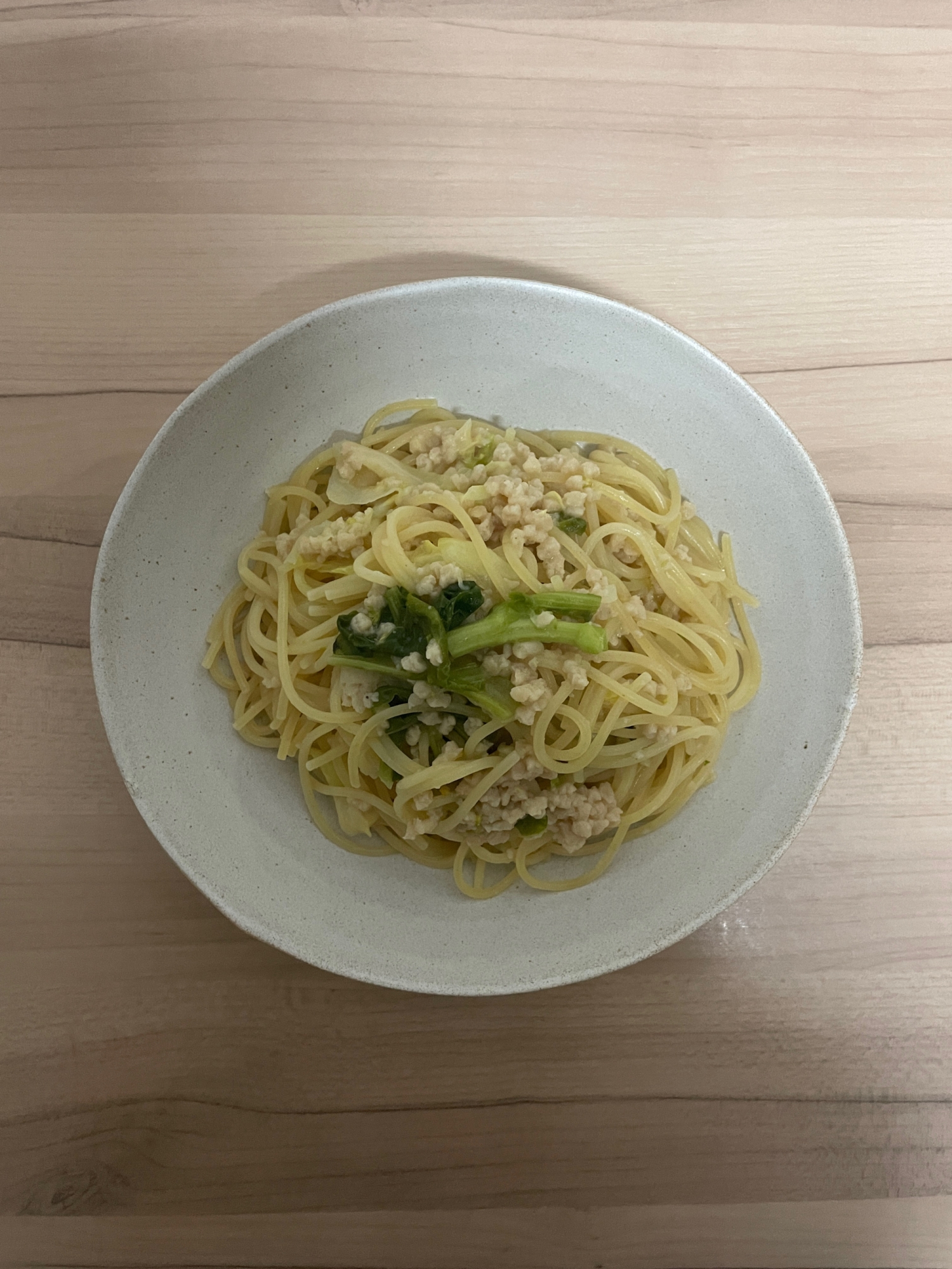 野沢菜と大豆ミートのパスタ