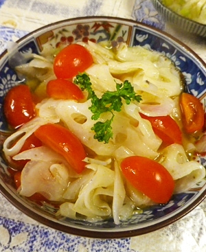 蓮根プチトマトのカンタン酢カレー粉あえ