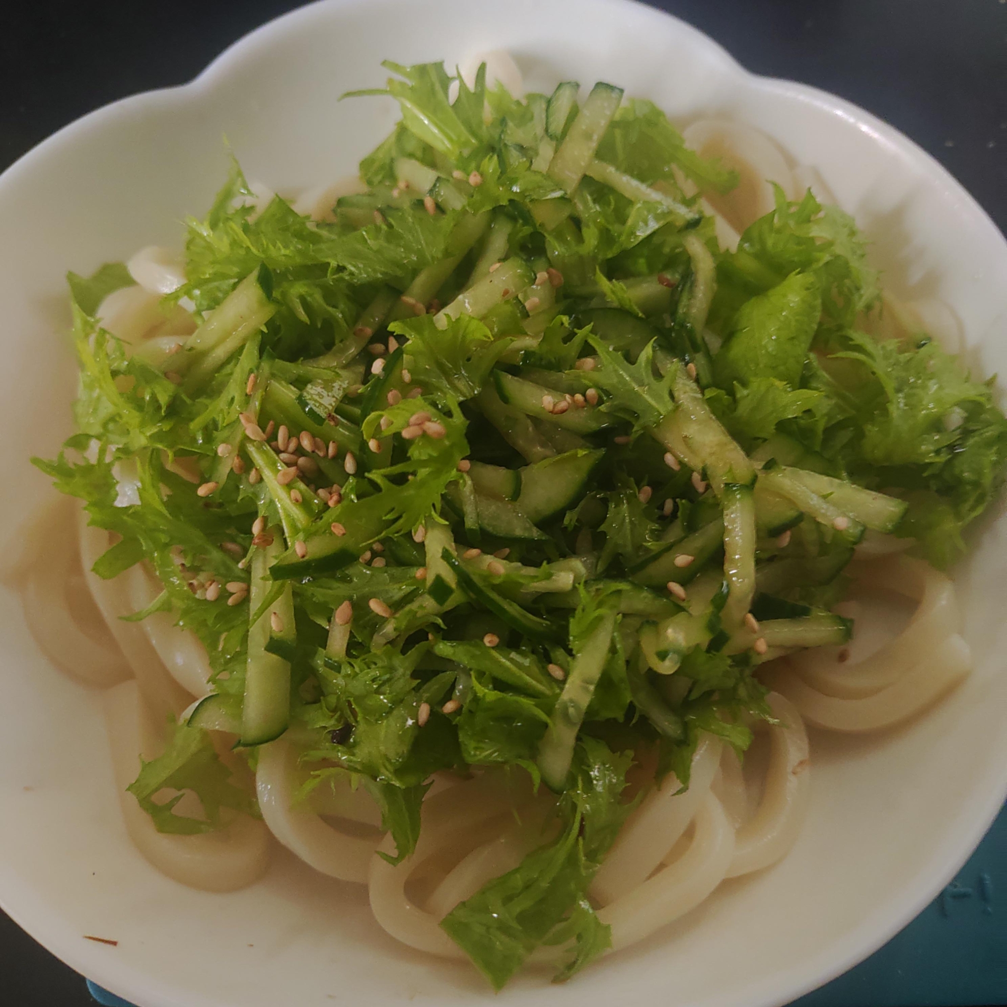 きゅうり、わさび菜、釜揚げうどん
