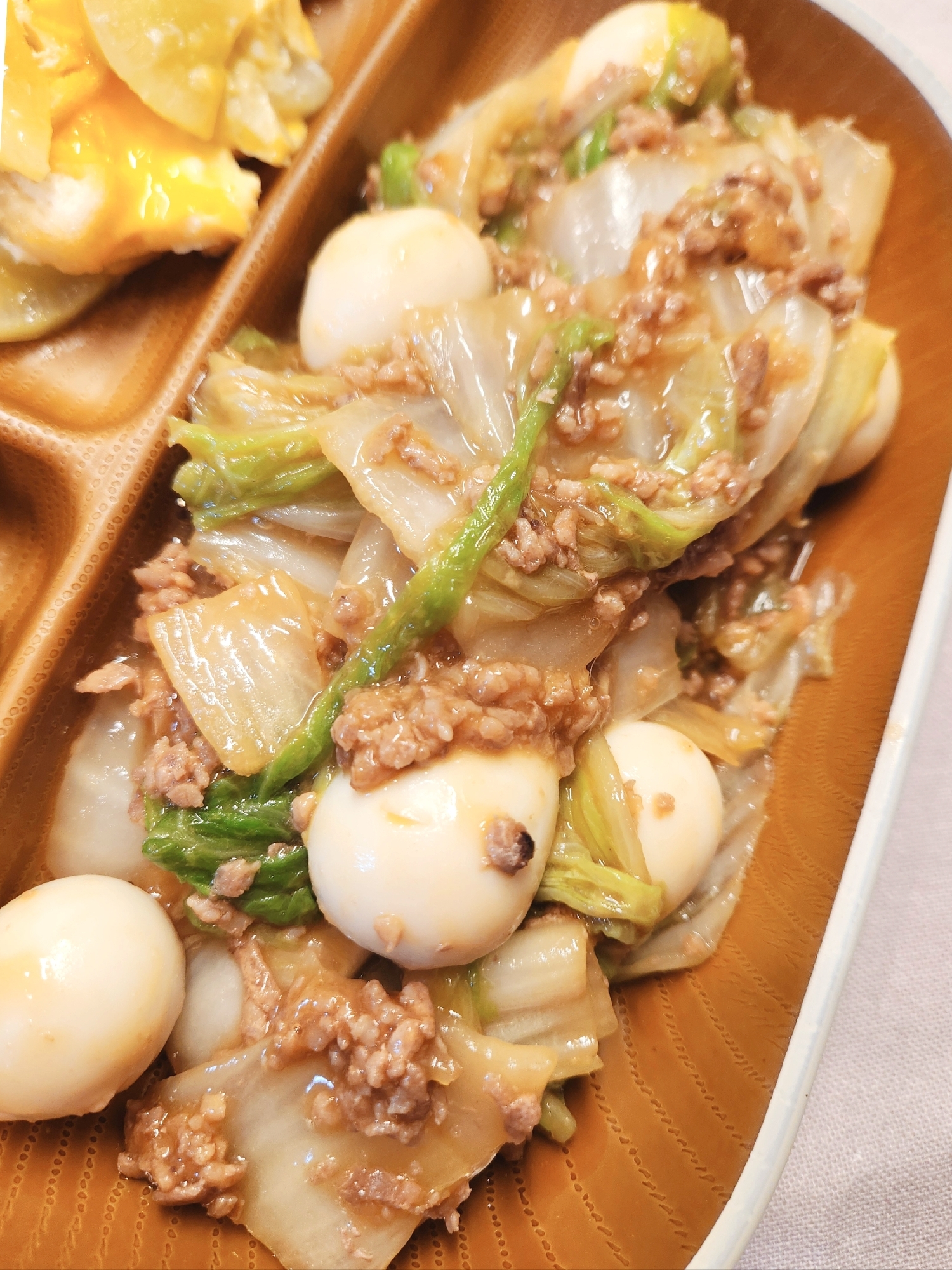 【おかず】白菜とうずらのひき肉あん