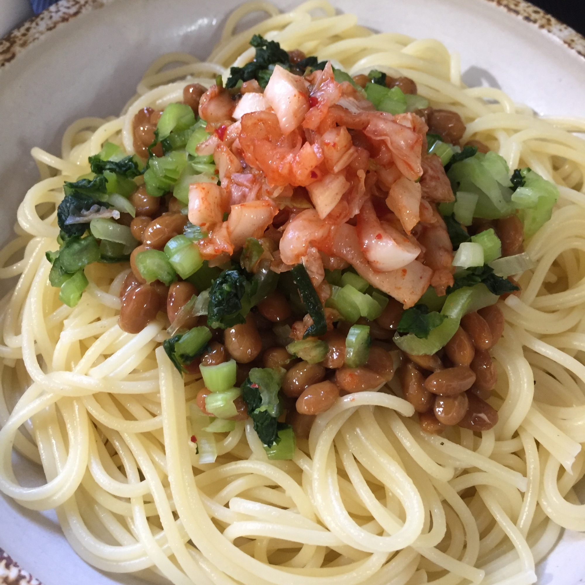 納豆 野沢菜 キムチパスタ