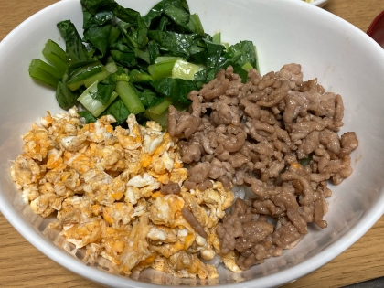 豚そぼろと小松菜の三色丼