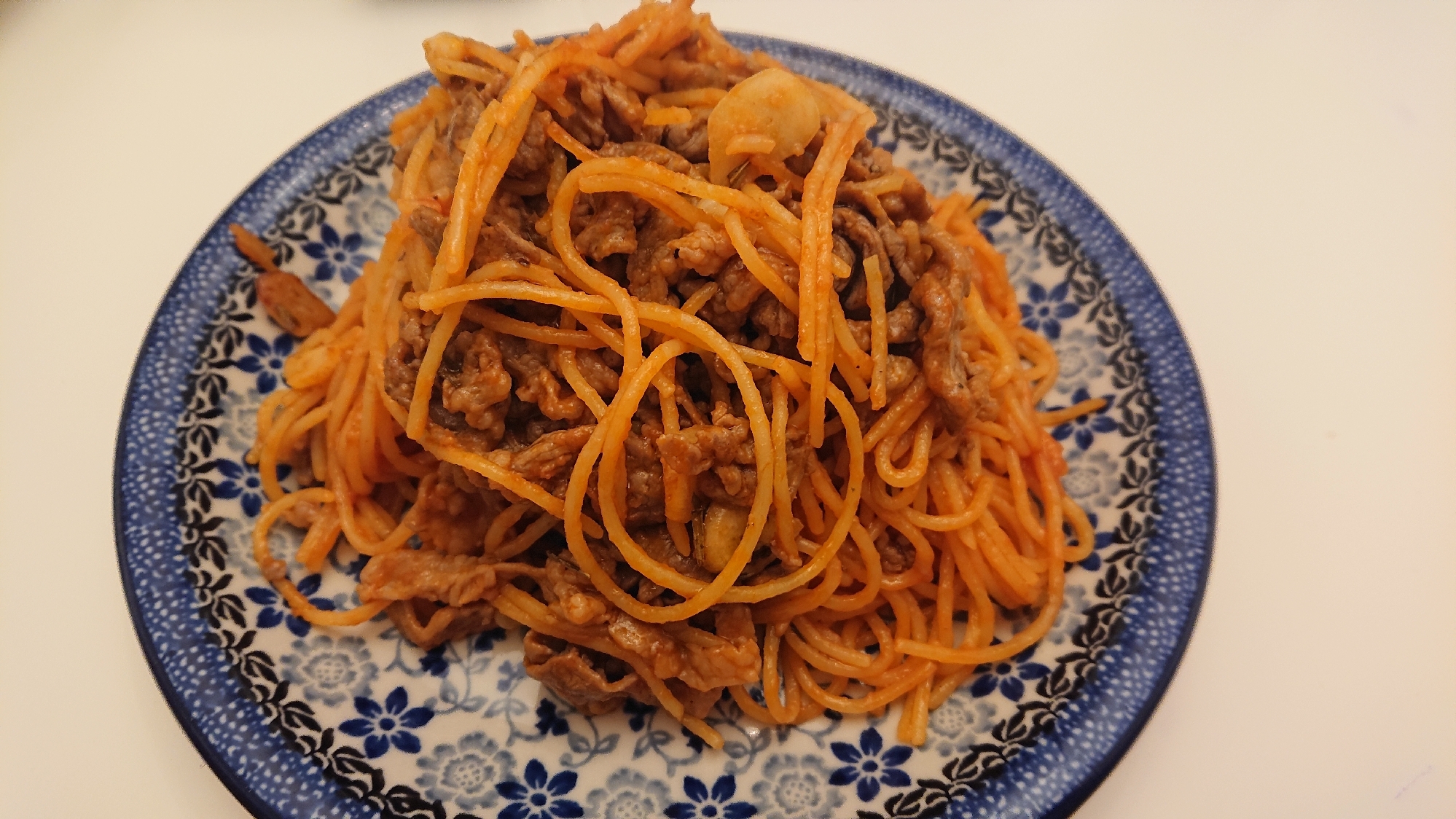 昼食に⭐ラム肉とケチャップのパスタ