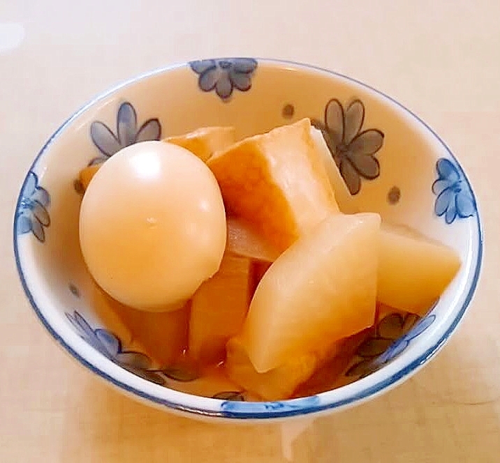 作り置き☆麺つゆで冷凍大根と厚揚げとゆで卵の煮物