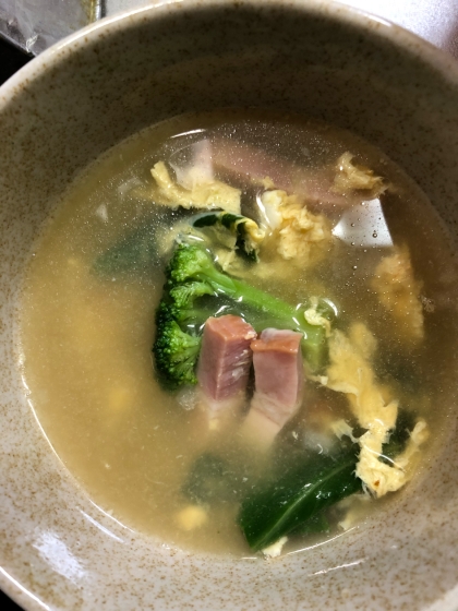 小松菜ベーコンのコンソメ卵スープ