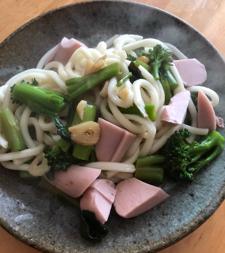 スティックセニョールと魚ニソの焼うどん