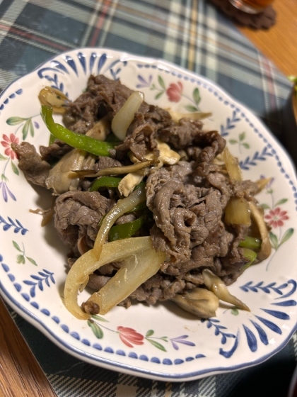 霜降りひらたけと牛肉の炒め物