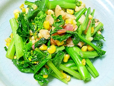 きれいな緑 アスパラ菜とコーンの炒め物 レシピ 作り方 By さとママ3645 楽天レシピ