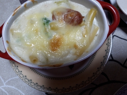 小松菜＆ウインナーの豆乳マカロニグラタン