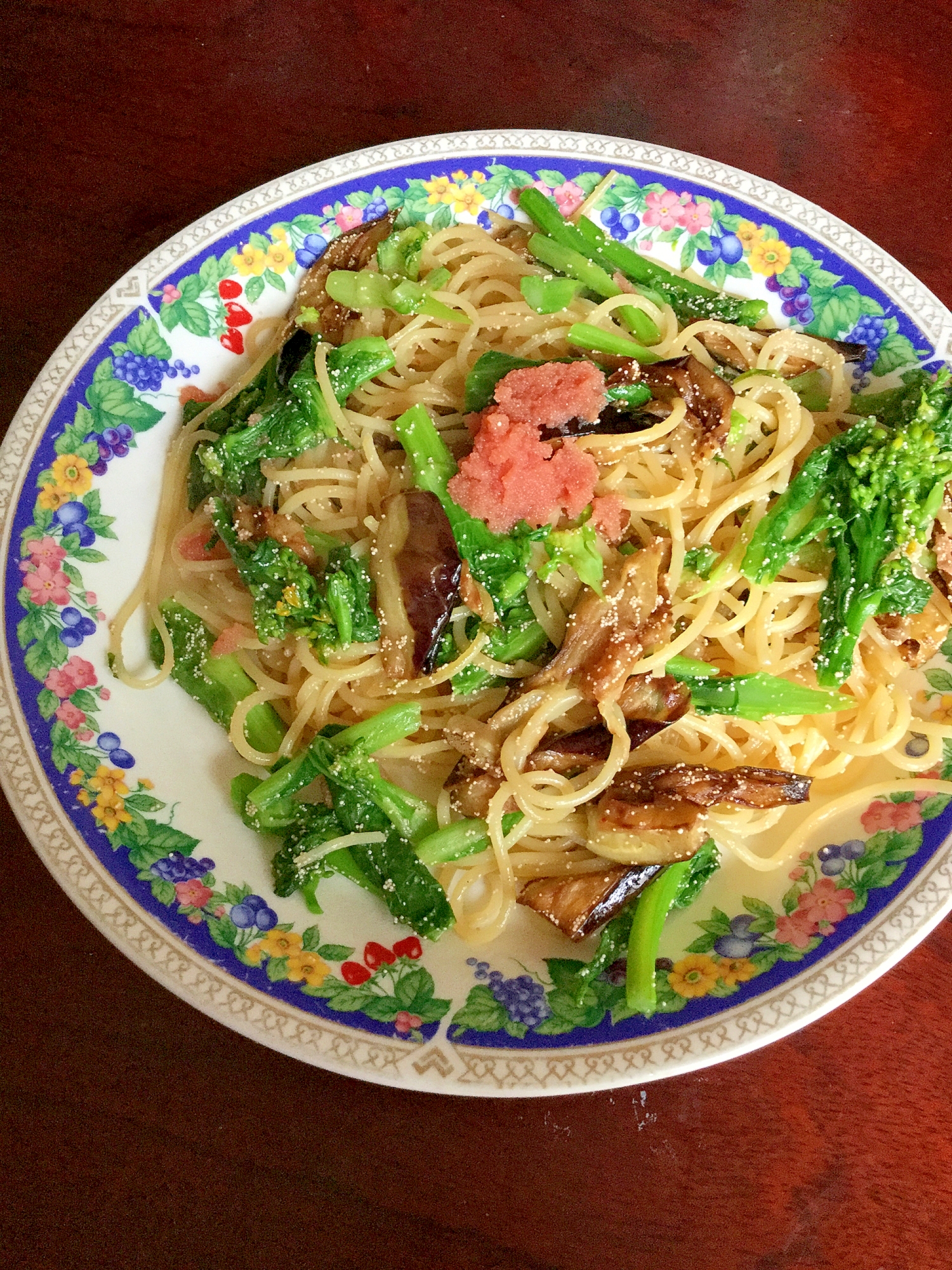 茄子と菜の花の明太パスタ！