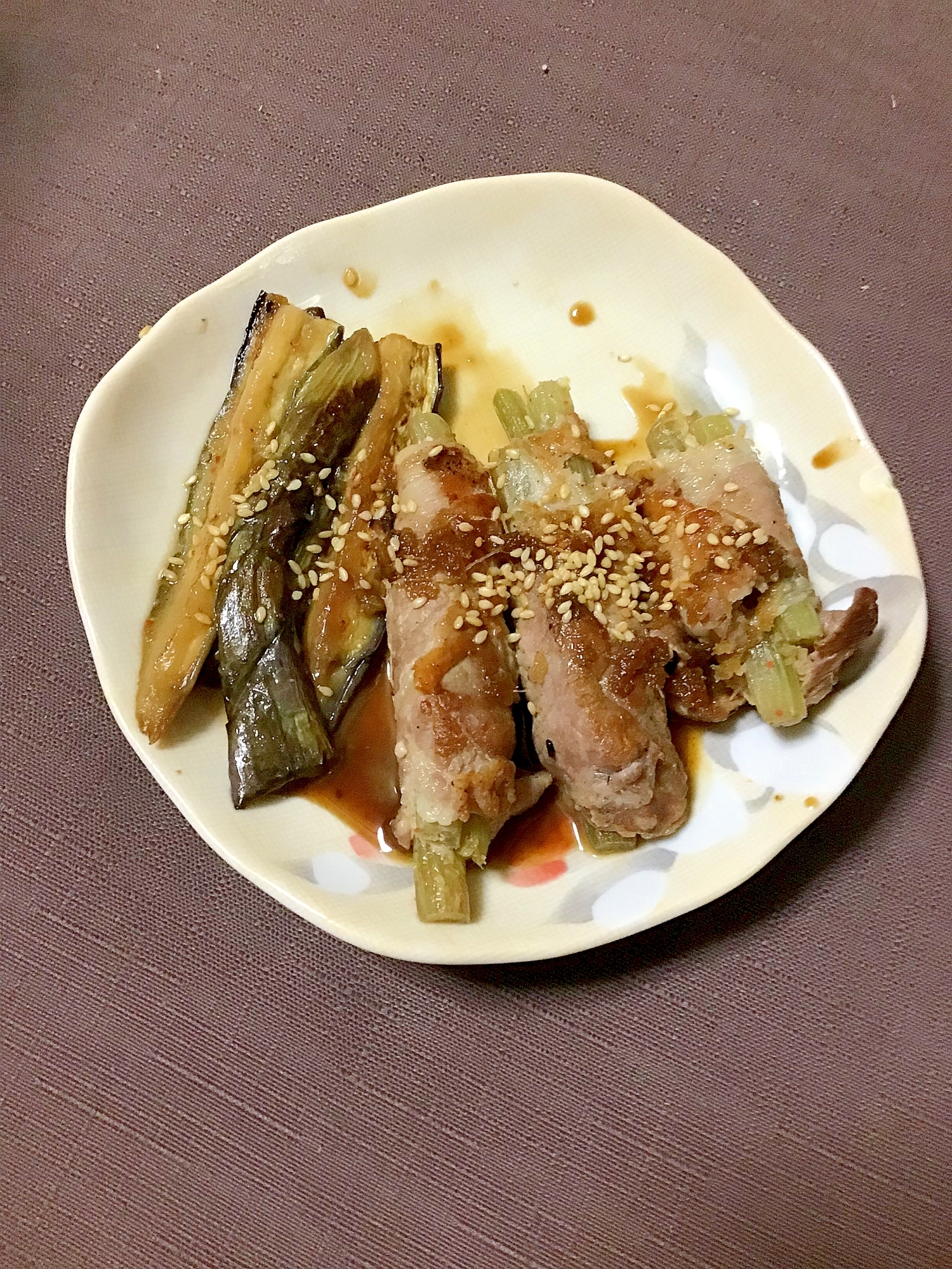 フキの豚肉巻きとナスの生姜焼き風。
