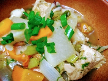 根菜・薬味たっぷり♪鶏のゆで汁で参鶏湯風スープ