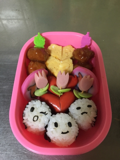 ニコちゃん海苔巻きとコロコロ焼唐揚げお弁当♡