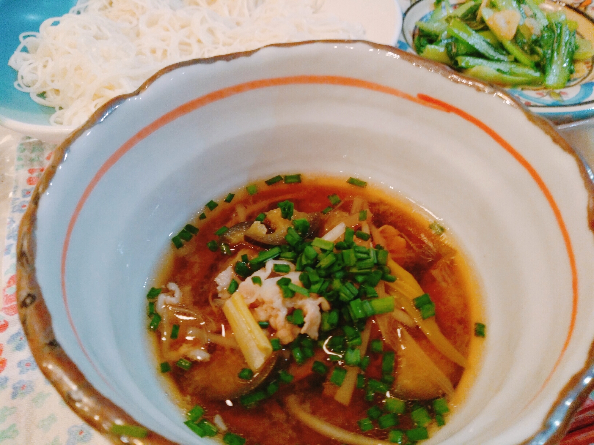 素麺で！コク旨！豚バラ茄子つけ麺☆