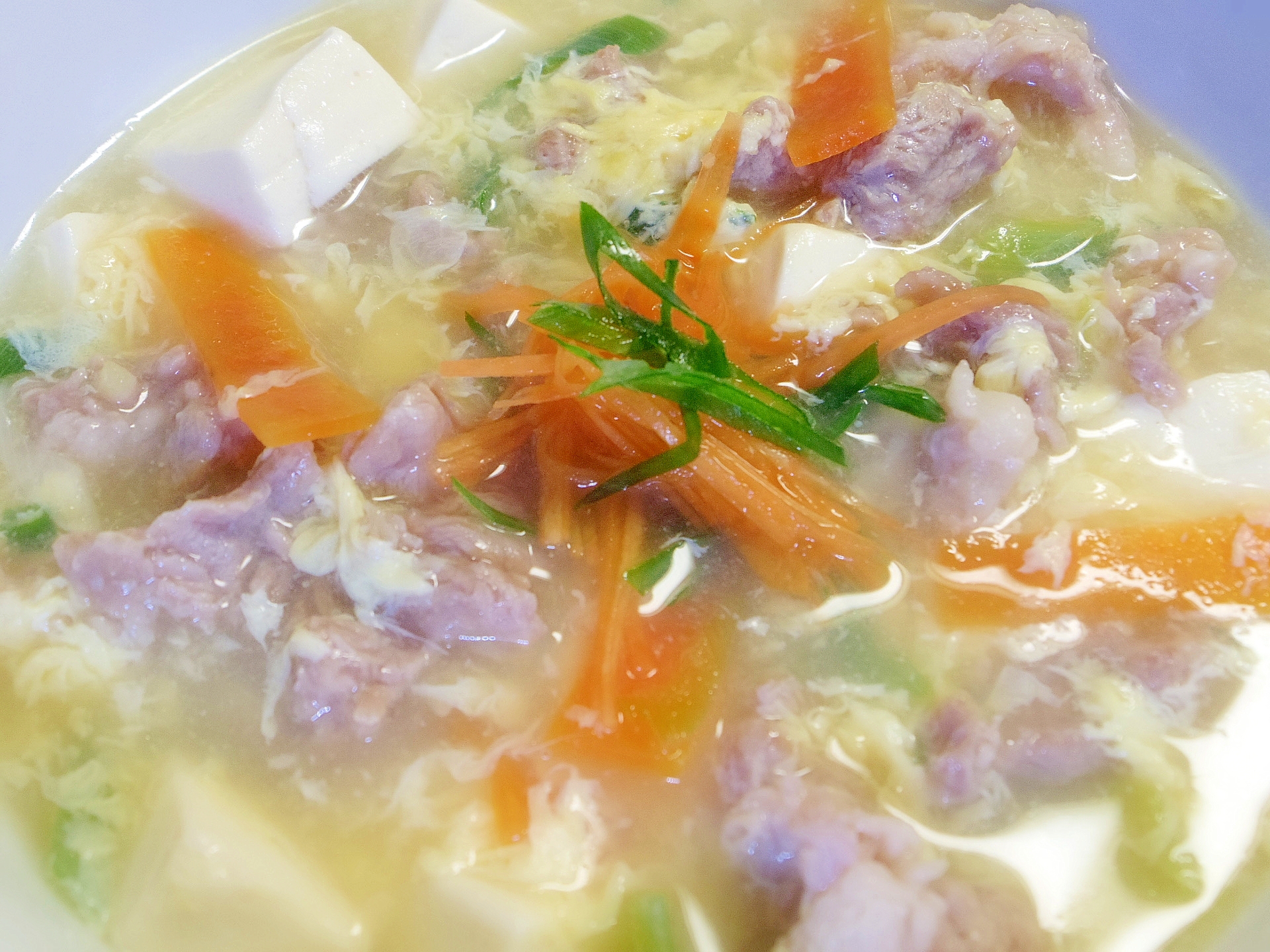 具だくさん～豚コマと豆腐のトロトロ中華玉子スープ！
