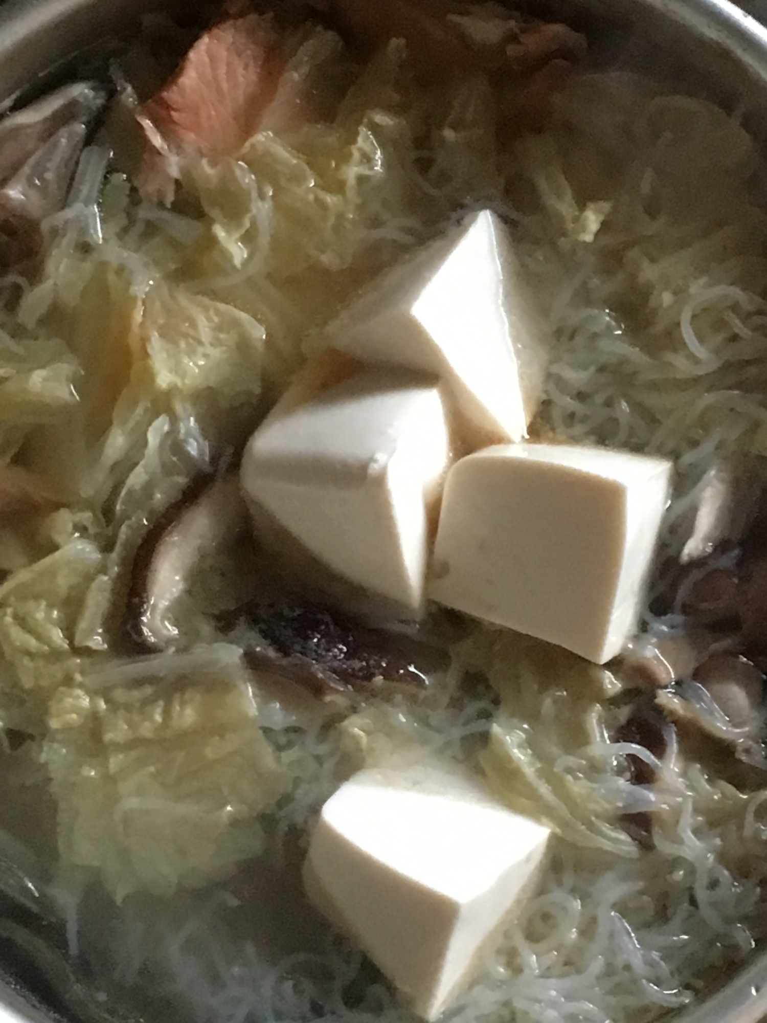 サーモン、白滝、椎茸、豆腐、白菜の鍋
