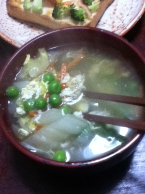白菜と人参とグリンピースのコンソメ卵スープ
