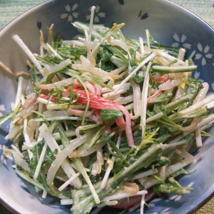 もやしと水菜と胡瓜とカニカマのごまマヨサラダ