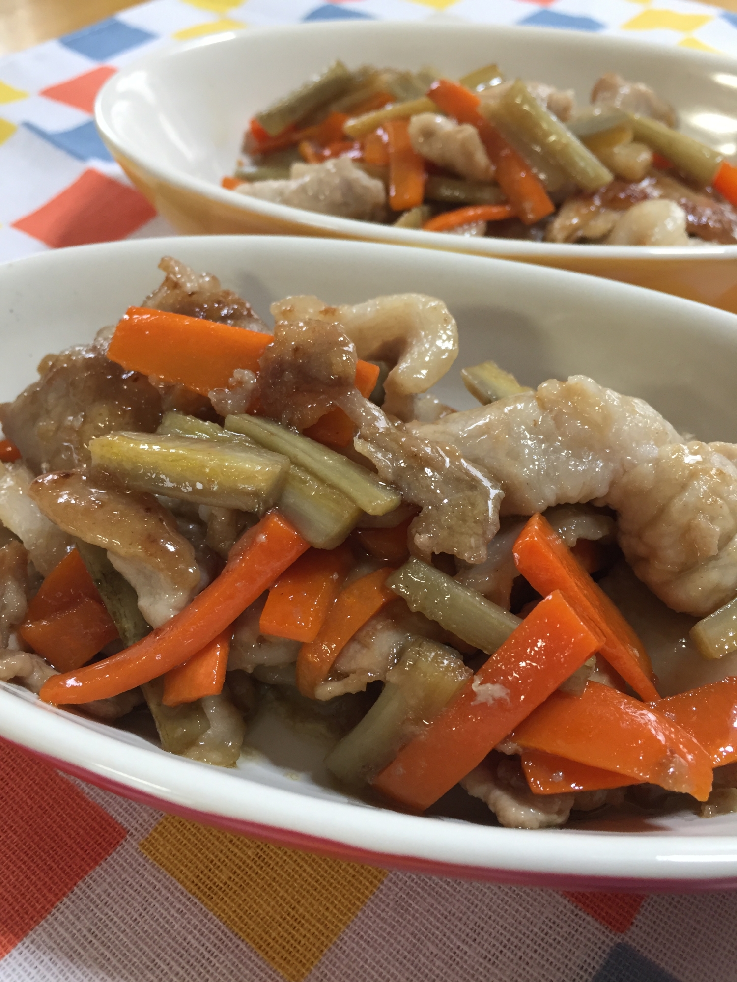 豚ロース薄切り肉と牛蒡の照り焼きタレ炒め