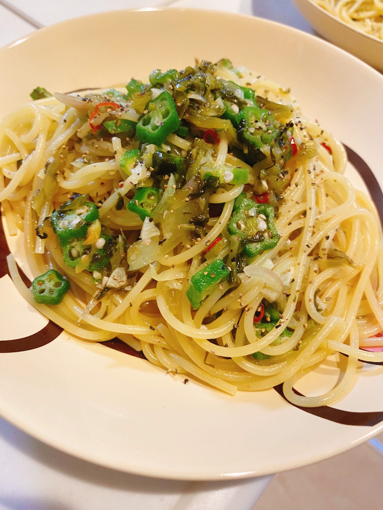 高菜とオクラのペペロンチーノ