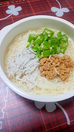 離乳食☆後期☆オクラと納豆しらすのあったかひやむぎ