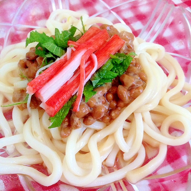 納豆とカニカマの冷やしうどん♡