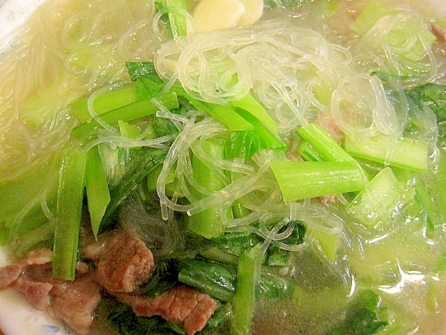 豚肉、小松菜、春雨入れスープ