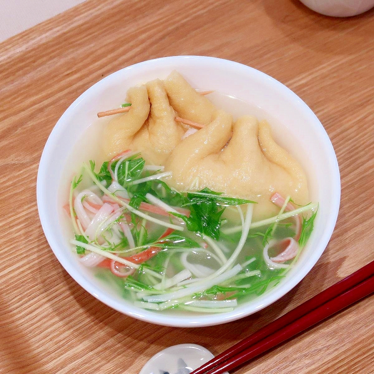 餅巾着と水菜とカニカマの中華風スープ★減塩志向