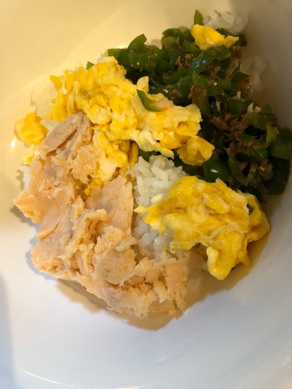 ピーマンと鮭とたまご丼