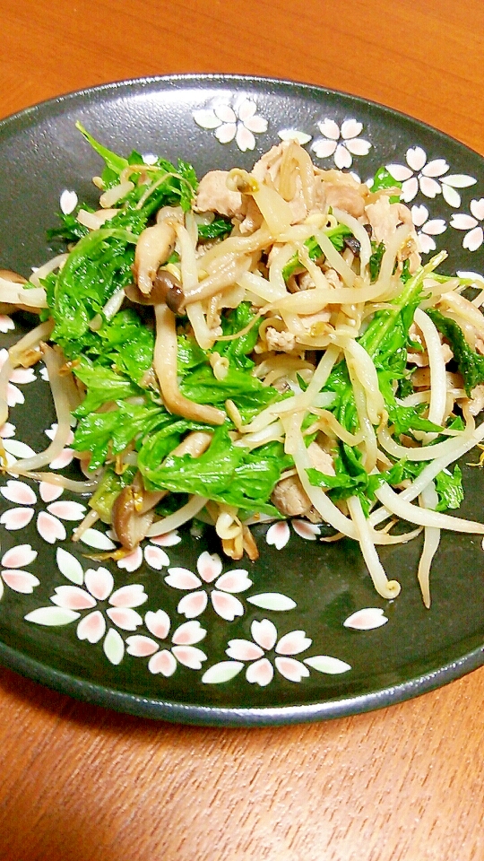 豚肉とわさび菜としめじとモヤシのだしの素炒め