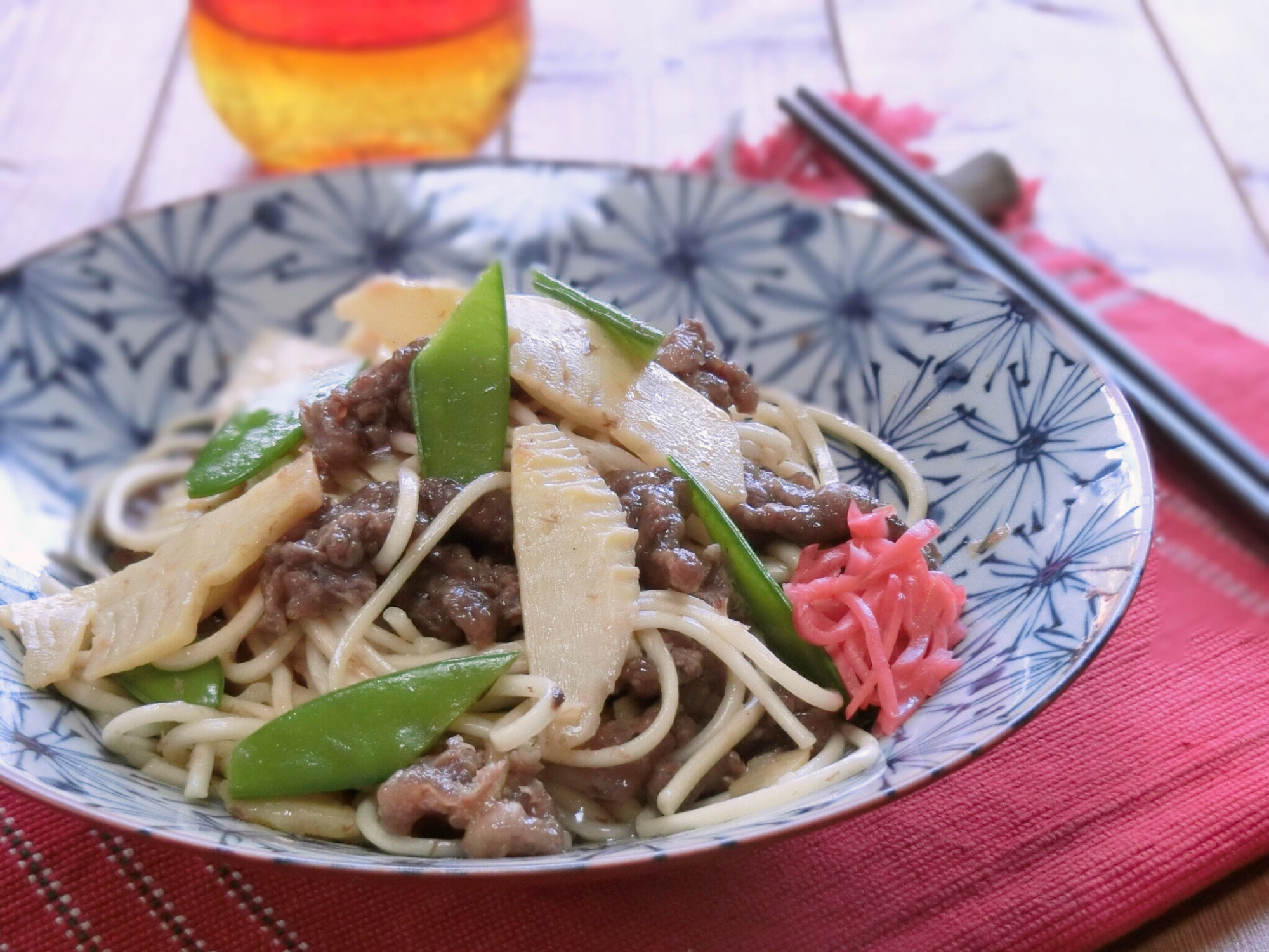 筍と牛肉の甘辛ひやむぎ