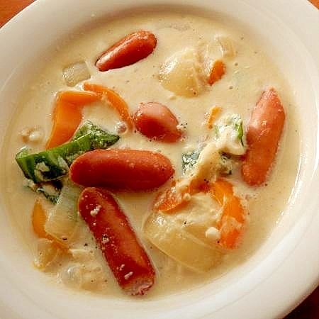 豆腐入り❤カラーピーマンで豆乳スープ♪（中華だし）