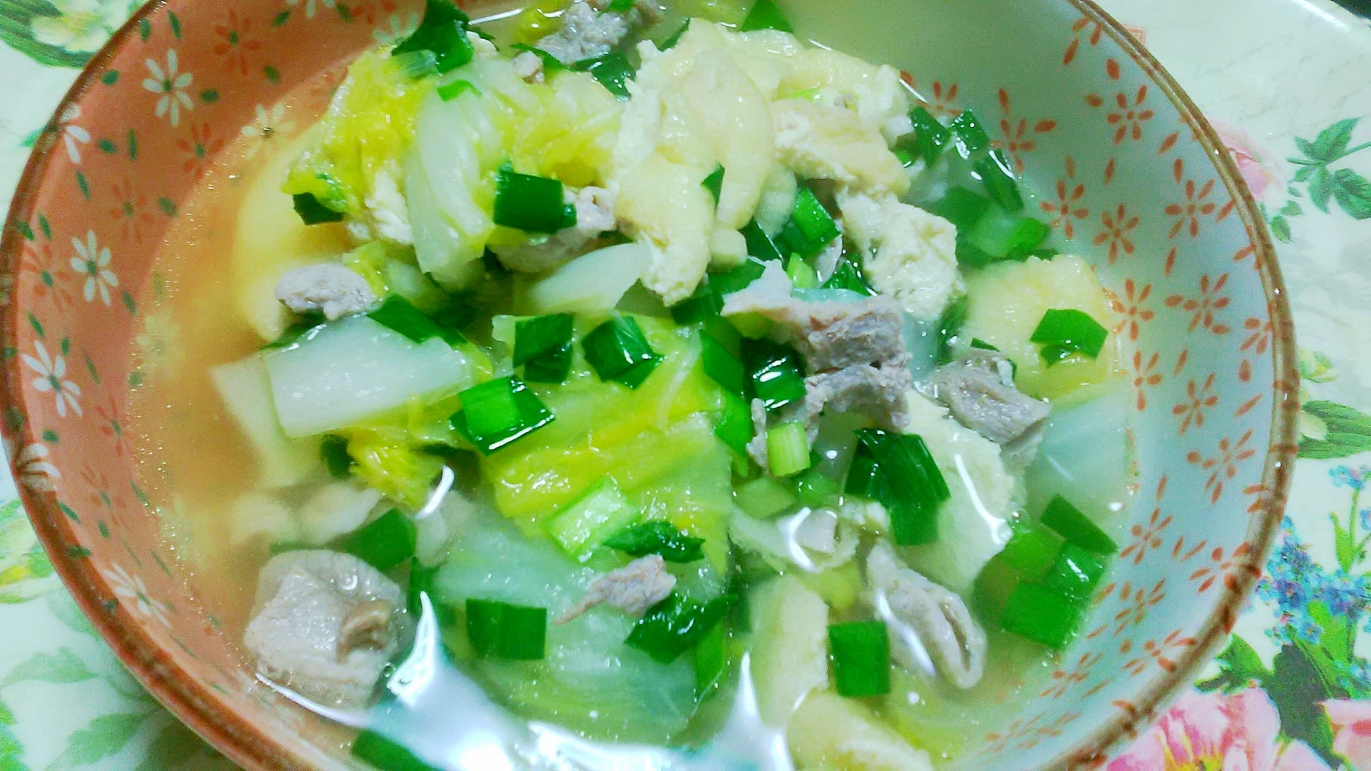 にらと白菜、豚小間と油揚げのスープ煮