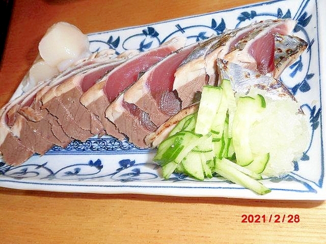 炭火焼鰹と帆立の胡瓜と大根おろし