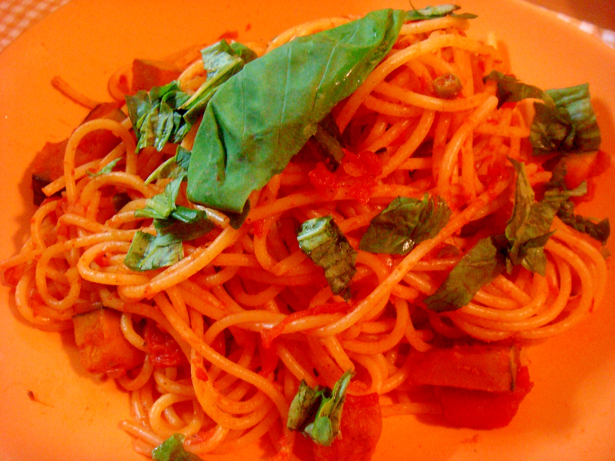 かぼちゃとインゲン豆のトマトソーススパゲティ