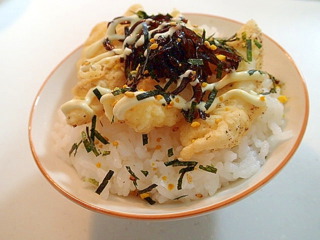 のりたまマヨで　イカ天と昆布佃煮のご飯